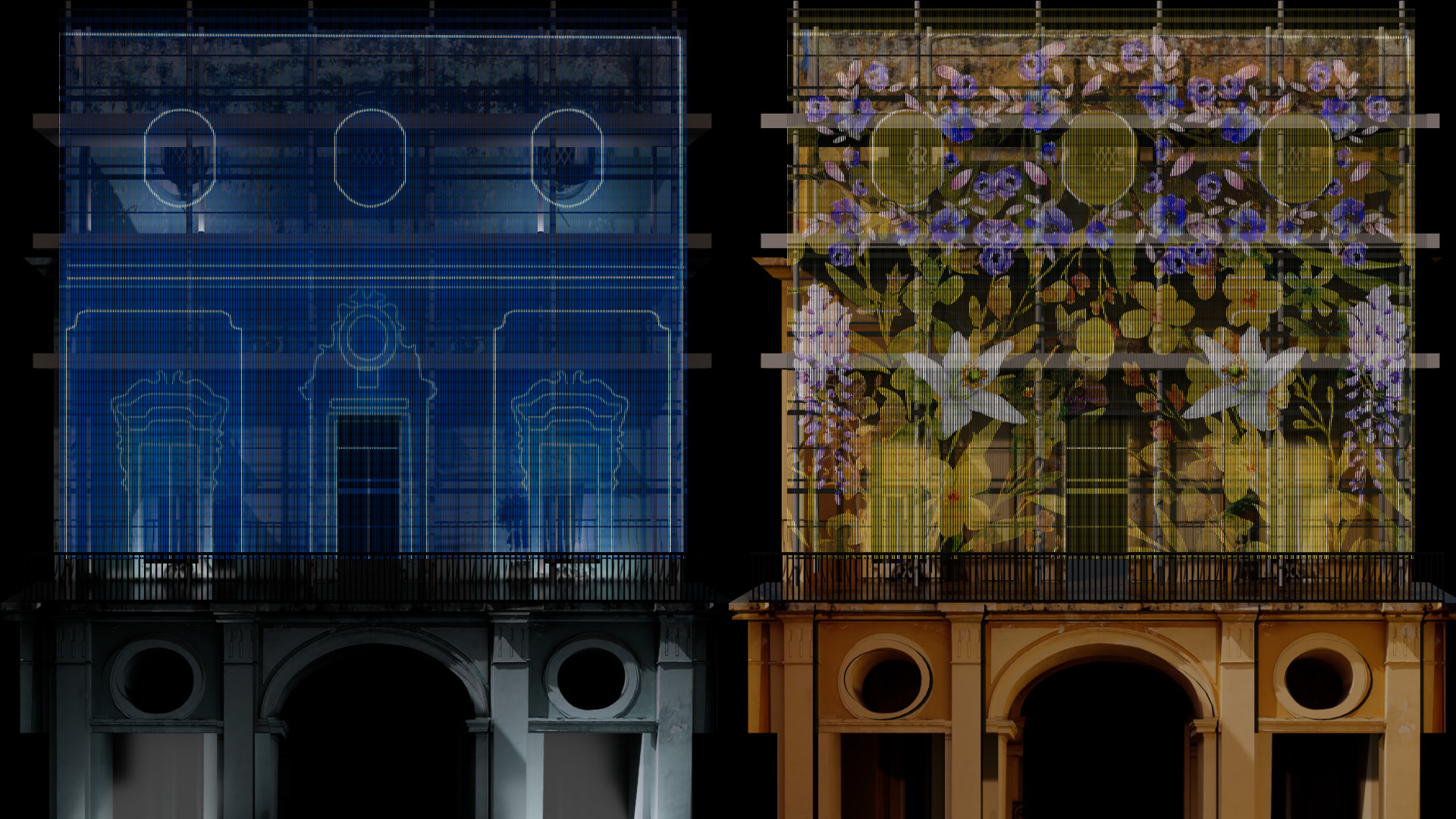 Comunicazione cantieri LED Mesh trasparente facciata in restauro Sublime Tecnologico